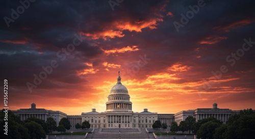 US Capitol Building under a dramatic, fiery sunset