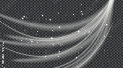 Snow wave, Glowing white light stream, vector, png. Light curve line swirl effect.
