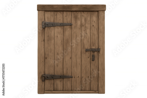 Old rustic wooden door featuring antique iron hinges and latch, rustic medieval entrance on transparent background