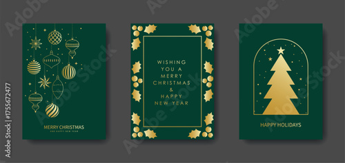 Merry Christmas and Happy New Year greeting card with golden Christmas tree baubles. Holly leaves and berries, a Christmas tree with snowflakes on a green background. Vector illustration.