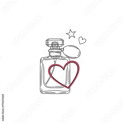 Perfume bottle with heart and star isolated on white background hand drawn vector illustration of a perfume bottle with a heart and star in doodle style