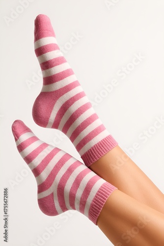 Elevated Legs Wearing Pink and White Striped Ankle Socks