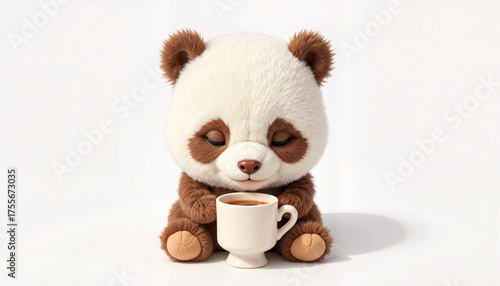 Cute panda plush toy enjoying a cup of tea with a peaceful expression on a white background
