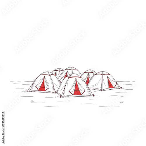 A charming line art illustration of a campsite with multiple tents pitched together, isolated on white background, evoking a sense of community and outdoor adventure