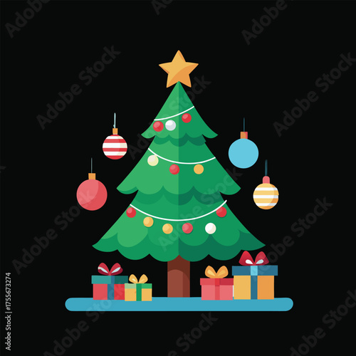 Decorated Christmas tree with toys and garlands. 