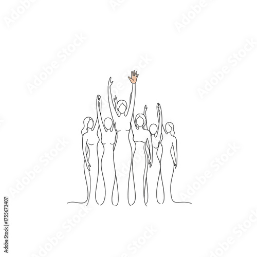 A group of people reaching for a ball isolated on white background, symbolizing teamwork, collaboration, and achieving common goals in a minimalist line art style