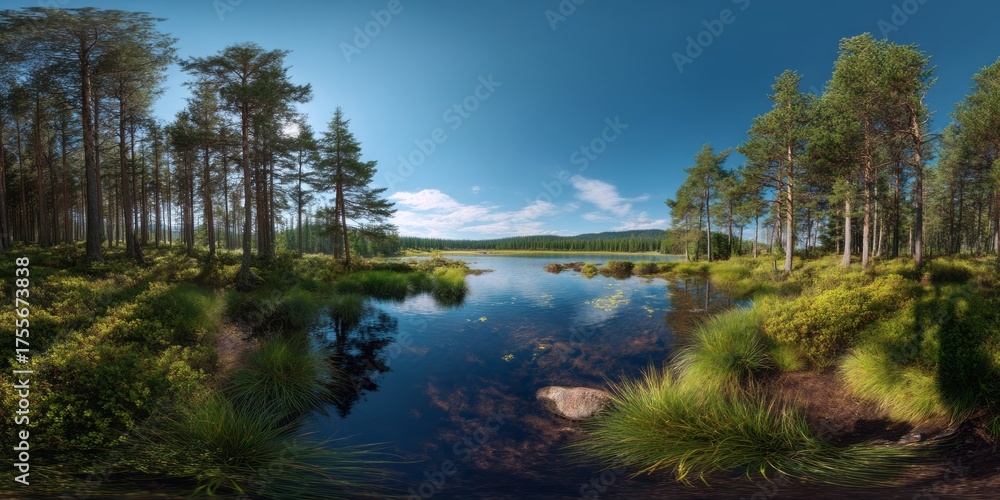 Obraz premium Serene nature scene peaceful lake hdr panorama lush forest scenic view