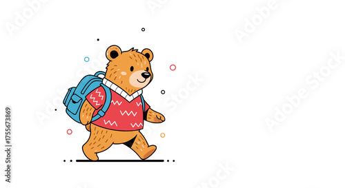 A cute cartoon bear wearing a red sweater and a blue backpack walks to school with colorful dots around.