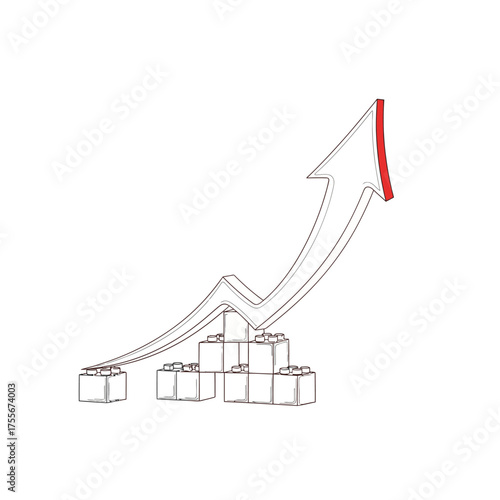 Hand drawn line art illustration of an arrow pointing upwards from a stack of cubes, isolated on white background symbolizing growth, progress, and success