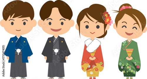 羽織袴姿の男性と振袖姿の女性のイメージイラスト