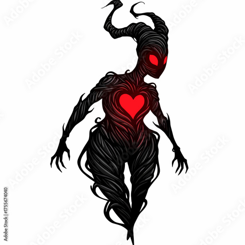 Illustration of a dark, mysterious creature with a glowing red heart, isolated on white background symbolizing love, darkness, and fantasy
