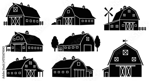 Collection of black and white barn silhouettes illustrating rural architecture and agricultural scenes.