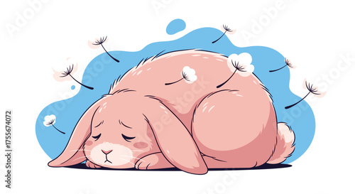 A cute sad bunny lying down surrounded by dandelions.