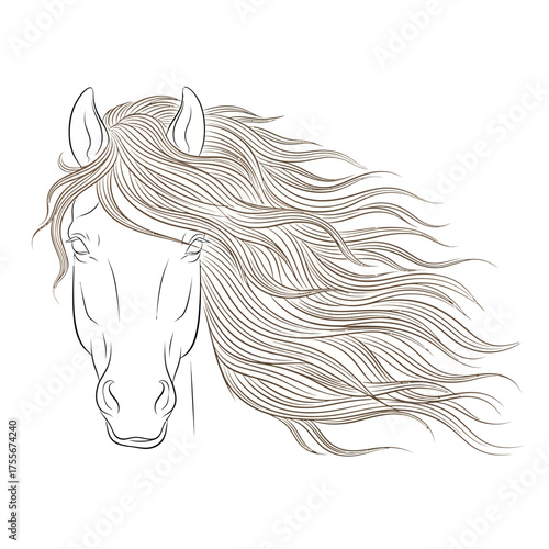 Elegant horse head outline isolated on white background graceful equine portrait with flowing mane, perfect for minimalist designs and equestrian themes artistic line art