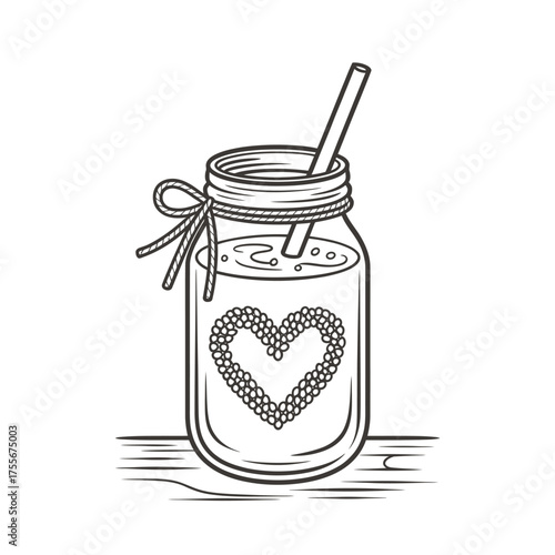 Hand drawn illustration of a mason jar drink with a heart design