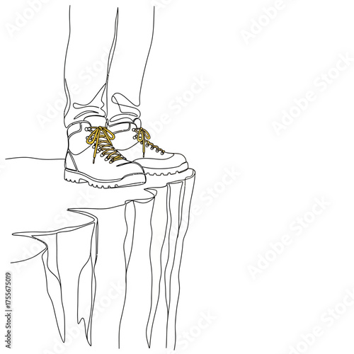 Standing on the edge of a cliff isolated on white background hiking boots on the edge of a cliff adventure, risk, danger, challenge concept illustration