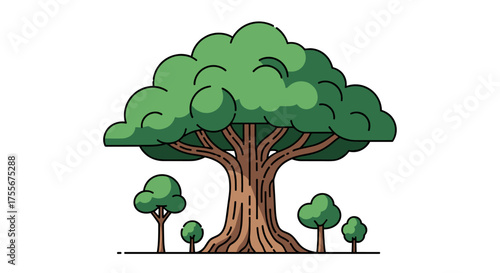 A large tree with smaller trees surrounding it in a simple illustration.