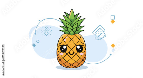 A cute cartoon pineapple with big eyes and a happy smile is shown with geometric shapes and lines.