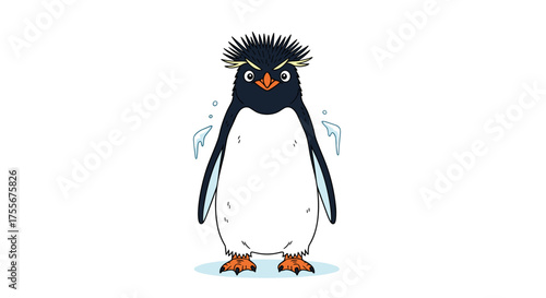 An animated illustration of a grumpy rockhopper penguin with spiky yellow crest feathers and water droplets flying around its body.