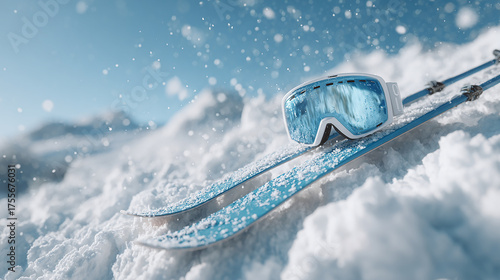 Blue skis and snow goggles resting on fresh powder snow with flying snowflakes on a sunny mountain slope winter sports concept