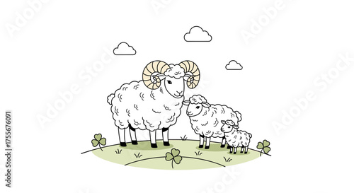 A fluffy family of sheep stands together in a field of clover under a sky with a few clouds.