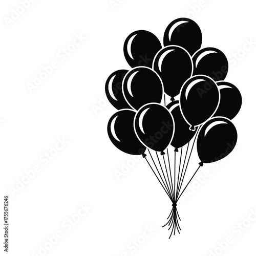 A bunch of black balloons tied together on a white background