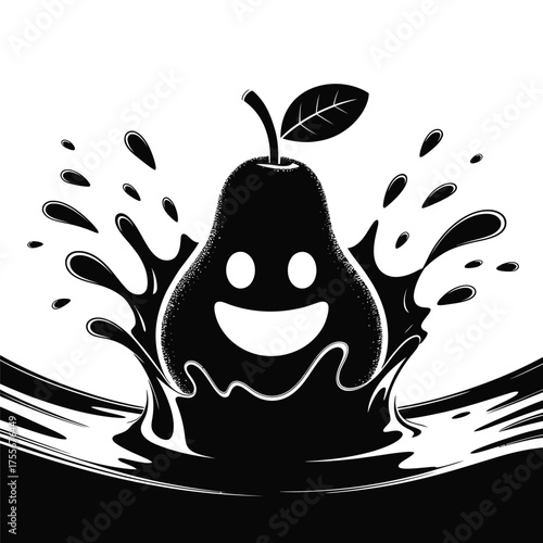 Happy pear character splashing in dark liquid