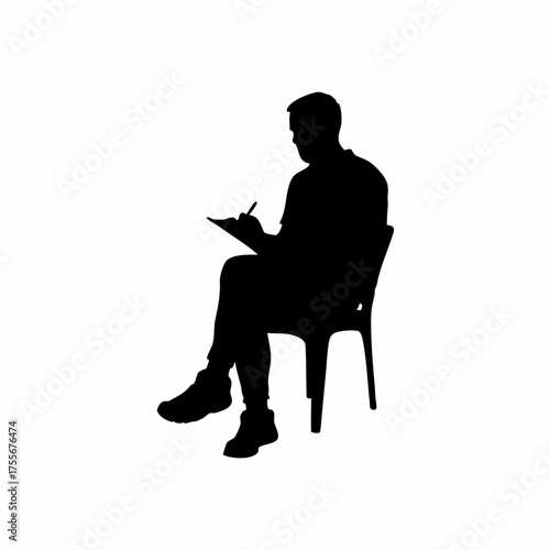 Silhouette of a therapist writing notes during addiction recovery meeting isolated on white background