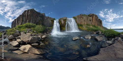 Majestic waterfall scene iceland hdr panorama nature vibrant sky