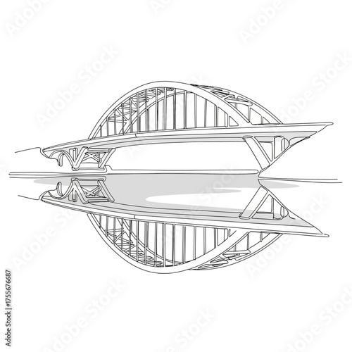 A symmetrical line art illustration of a bridge reflected in water, isolated on white background, creating a captivating and artistic architectural design