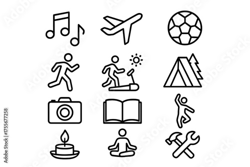 Various activities depicted in simple line art style featuring sports, travel, nature, and hobbies