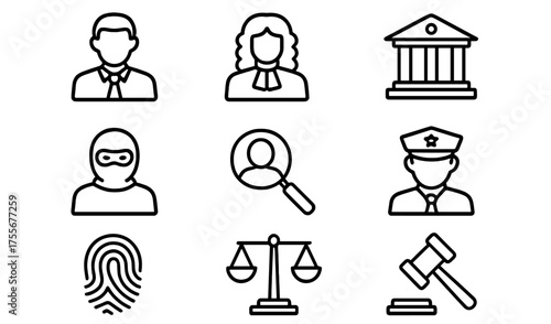 Various icons representing elements of law and justice in a simple design suitable for educational purposes