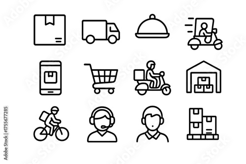 Delivery and logistics icons representing various aspects of shipping, transport, and customer service interactions