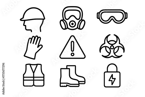 Symbols for safety gear and precautions in hazardous work environments displayed clearly for awareness and training
