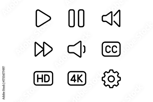 Control icons for video playback settings in digital media platforms with various options displayed