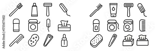 Cleaning and personal care items arranged neatly with various tools and products for daily hygiene tasks