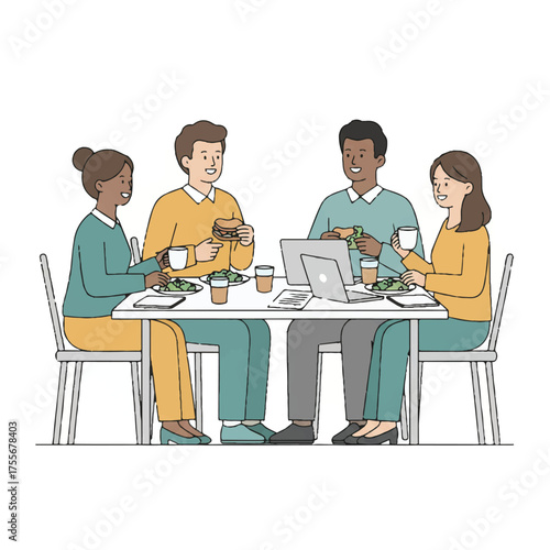 Diverse group of friends and family enjoying a meal together at a dining table sharing food and conversation