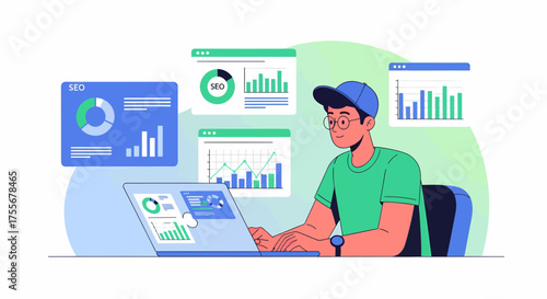 Man Working With SEO Data And Analytical Charts On His Laptop