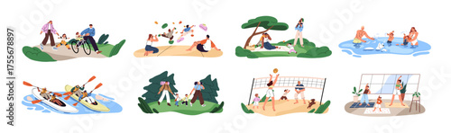 Happy families have activities outdoors set. Parents and kids do sports, play volleyball, cycling, hiking together. People with children walk and have fun. Flat isolated vector illustrations on white