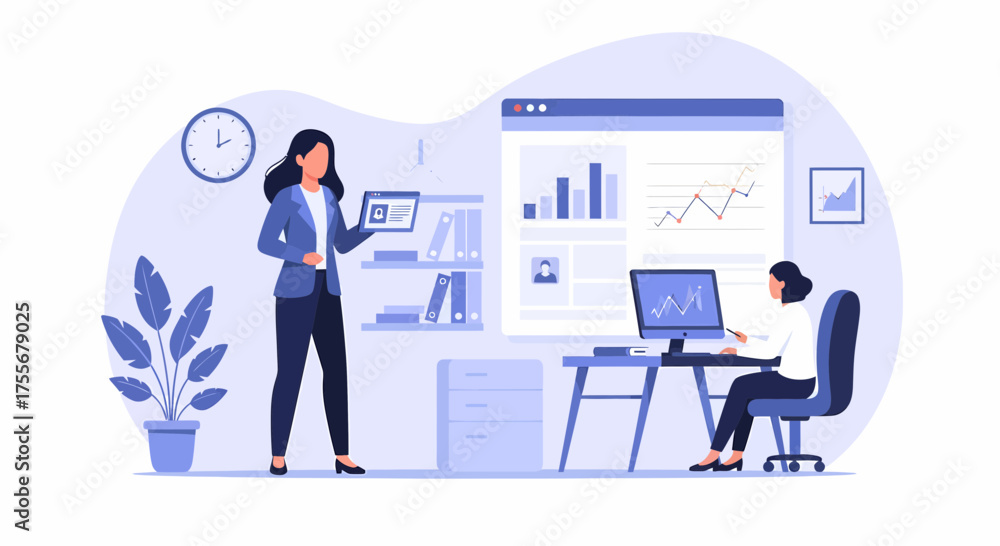 Fototapeta premium Teamwork And Data Analysis In Modern Office Illustration