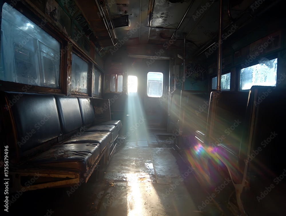 Fototapeta premium Derelict train car with broken windows and light rays 