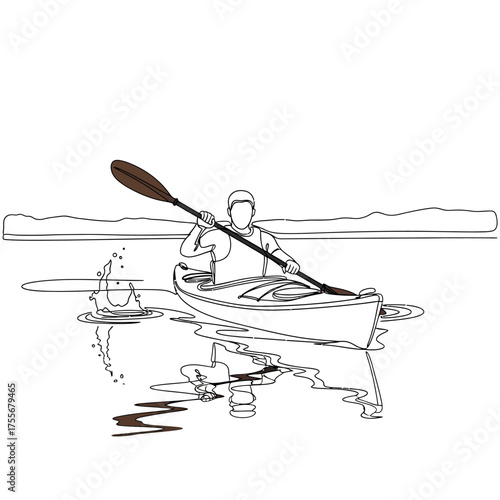 A line drawing of a person kayaking on a lake, enjoying the outdoors, with mountains in the background isolated on white background the person is paddling the kayak