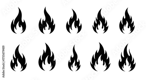 A collection of ten stylized black flame icons on a white background.