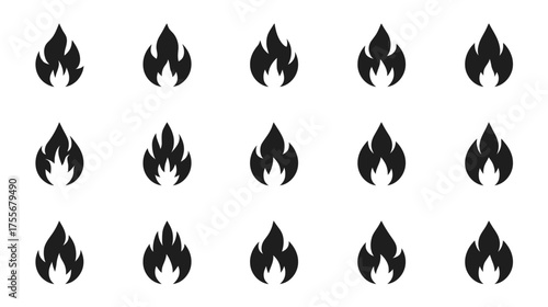 Collection of fifteen stylized black flame icons on a white background.