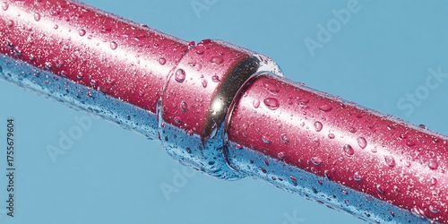 Connected Pink and Blue Metal Rods with Water Droplets