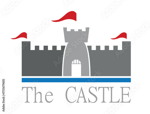 Castle building icon graphic with red flags