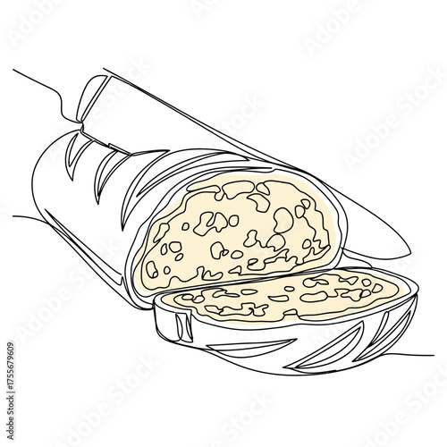A line drawing of a loaf of bread being sliced with a knife, showing the texture of the bread isolated on white background the bread is fresh and crusty