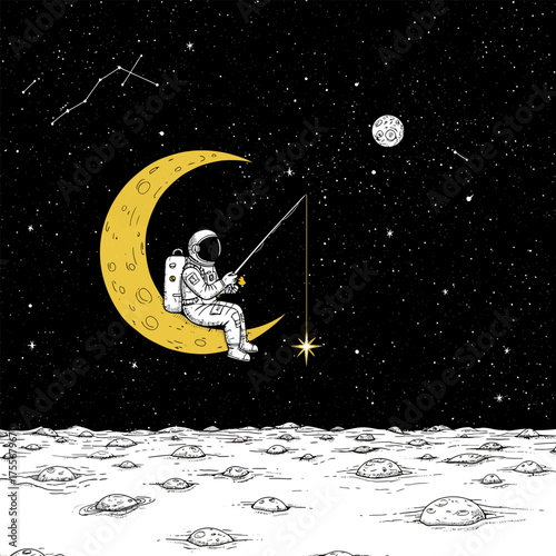 An astronaut fishing for a star while sitting on the moon, isolated on white background, a whimsical scene blending space exploration with fantasy