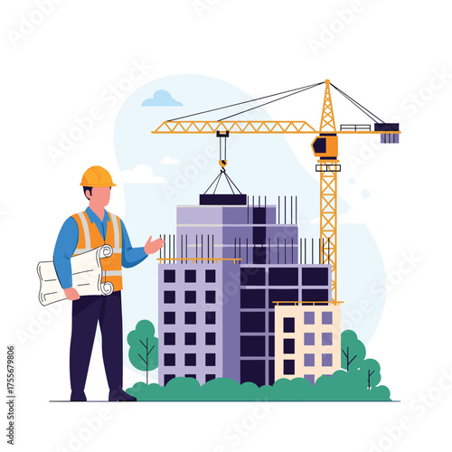 Illustrating the process of building a new modern residential complex with a construction manager overseeing the project site.