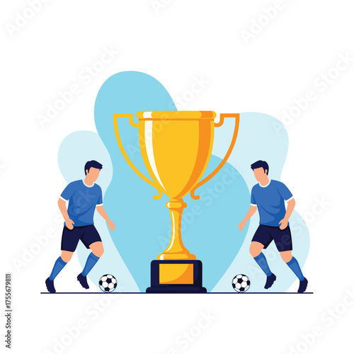 Two soccer players compete for a golden trophy in a stadium.